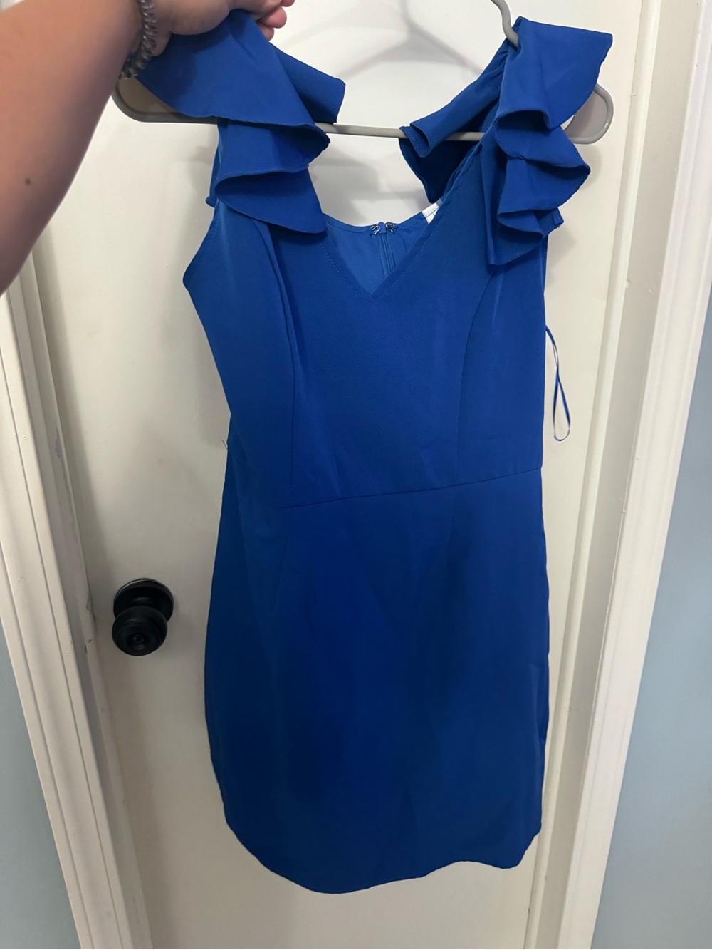 Glam Royal Blue Ruffle Shoulder Mini Dress